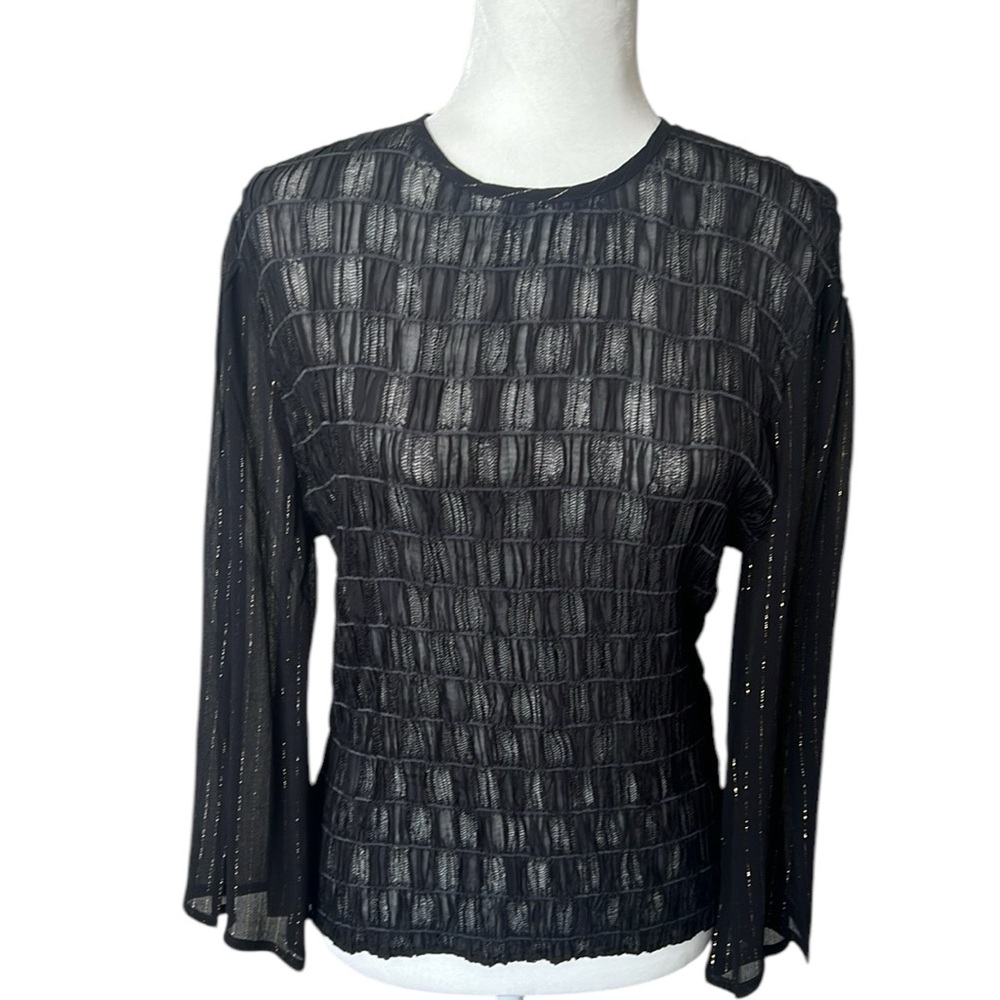 Anthropologie Blank London Black Smocked Semi Sheer Stretch Blouse Medium